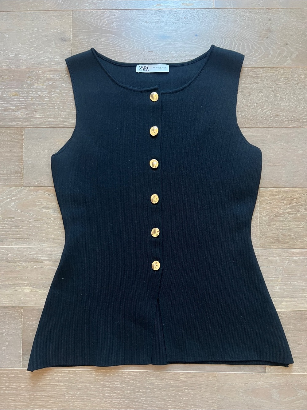 Zara Black Sleeveless Knit Tank with Gold Buttons